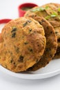 Palak Poori or spinach puri served with chutney, Indian food